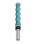 Rock Solid Flush Trim Spiral Carbide Router Bit For Woodworking Pros That Cuts Clean Through Plywood And Hardwood Fast Without Splintering, shown upright with spiral flutes.