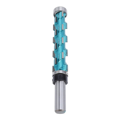 Rock Solid Flush Trim Spiral Carbide Router Bit For Woodworking Pros That Cuts Clean Through Plywood And Hardwood Fast Without Splintering, shown upright with spiral flutes.