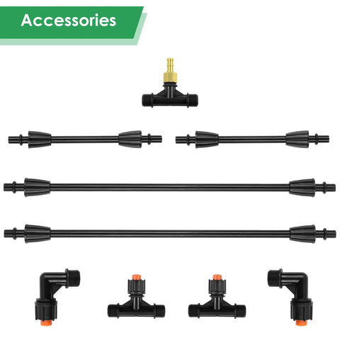 Extendable Sprayer Boom Wand With Four Nozzles And 3/8 Inch Brass Barb, Switchable Dual Nozzle Pattern, accessory parts shown.