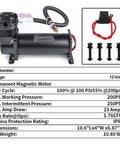 Heavy Duty 200 PSI 12V Electric Air Compressor Pump with black housing, fittings, and specs for train horns and air ride stance.