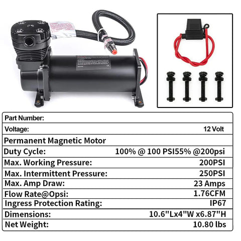 Heavy Duty 200 PSI 12V Electric Air Compressor Pump with black housing, fittings, and specs for train horns and air ride stance.