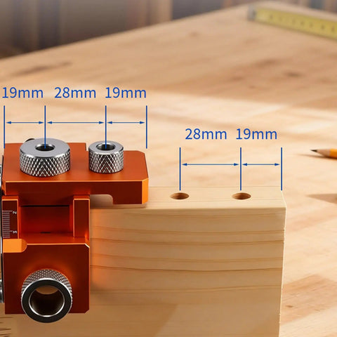 3 In 1 Wood Joinery Drill Jig Set Adjustable Hole Locator Puncher Furniture Assembly Guide measuring hole placements on wood.