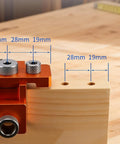 Pro Grade 3 In 1 Adjustable Wood Joinery Drill Jig Kit Precision Hole Locator Puncher shown measuring hole positions on wood.