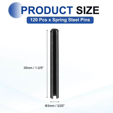 Slotted Split Roll Pins Pack Of 120, 3 Mm Diameter By 35 Mm Length, 65Mn Steel Heavy Duty Expansion Dowels, product size illustration
