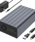 Heavy Duty Two Bay Hard Drive Enclosure For 2.5 And 3.5 Inch Sata Hdd Ssd Supporting Up To 48Tb With Aluminum Chassis And Cooler Fan Serving Blazing 5Gbps Usb 3.0 showing a gray aluminum casing and power supply.