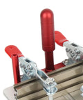 Close-up of coping sled for router table and carpentry aluminum alloy build with quick install and pro grade high security clamp