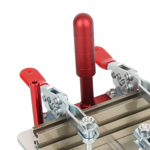 Close-up of coping sled for router table and carpentry aluminum alloy build with quick install and pro grade high security clamp