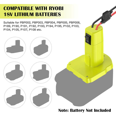 Two Pack 18V Battery Power Wheel Adapter Kit With Switch And Fuse 12AWG Wire And Wire Terminal, compatible with various Ryobi models.