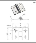 Stainless steel damping torque hinge, small size, 1 piece; shown with dimensioned drawing