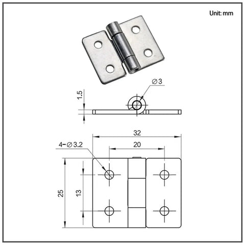 Stainless steel damping torque hinge, small size, 1 piece; shown with dimensioned drawing