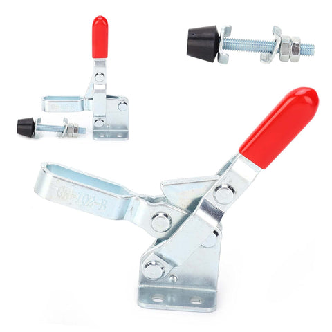 Two Pack Welding Toggle Clamp Set With Quick Release Latch And Hold Down Features, Heavy Duty Clamp For Woodworking Jigs And Fixtures, GH 102 B Horizontal Fixture Elbow Compressor shown
