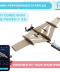 StarFlux Dual Flight Balsa Wood RC Airplane Kit Build Fly And Flip Between Normal Stable Mode And Canard Agile Mode Smartphone Controlled Plane 2 In 1 STEM Kit Made In USA For Teens And Hobbyists displayed with smartphone app control feature