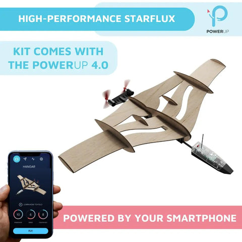 StarFlux Dual Flight Balsa Wood RC Airplane Kit Build Fly And Flip Between Normal Stable Mode And Canard Agile Mode Smartphone Controlled Plane 2 In 1 STEM Kit Made In USA For Teens And Hobbyists displayed with smartphone app control feature