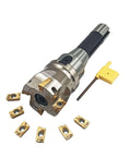 KinRite 2in R8-FMB22 face mill arbor with 50mm holder and 10 APMT1604PDER carbide inserts, side view