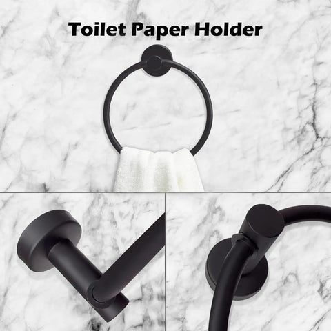Eight Piece Adjustable Matte Black Bathroom Hardware Set With Telescopic Towel Rail From 15 To 27 Inches Includes Double Towel Bar Stainless Steel Toilet Paper Holder Towel Ring And Robe Hook Wall Mounted; toilet paper holder detail