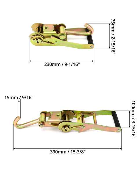 Dimensions of Ratchet Tie Down Straps With Long J Hooks 2 Inch Heavy Duty 4 Pack For Cargo Truck Security