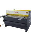 Tough As Nails Electric Metal Shear 49 Inch Cutting Width Snappily Cuts 11 Ga Plate Perfect For Hvac Fabrication And Shop Repair Shop Ready Industrial Tool, gray metal shear with yellow top.