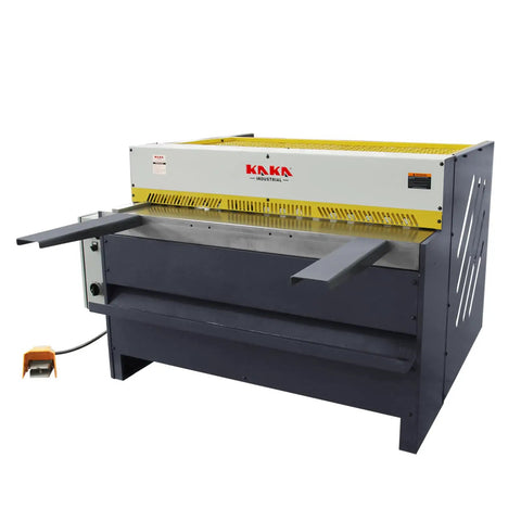 Tough As Nails Electric Metal Shear 49 Inch Cutting Width Snappily Cuts 11 Ga Plate Perfect For Hvac Fabrication And Shop Repair Shop Ready Industrial Tool, gray metal shear with yellow top.