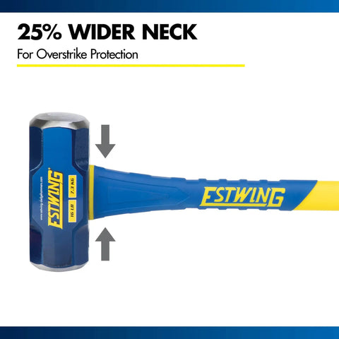 Hard Face 16 Pound Sledge Hammer For Demolition And Stake Driving With 36 Inch Fiberglass Handle Induction Hardened To 50 55 HRC Overstrike Protection And Textured Grip showing wider neck for overstrike protection.