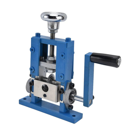 Dual Purpose Automatic Wire Stripper Machine For Copper Cable Works With Electric Drill Or Hand Crank High Speed Steel Jaw Strips 1Mm To 25Mm Wires Perfect For Diy Pros And Heavy Duty Electrical Jobs, showing blue metal design with crank handle.