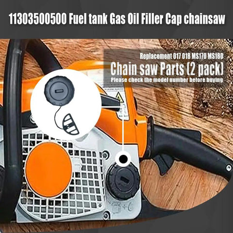 Two Pack Fuel Gas Oil Filler Tank Caps For Compatible Chainsaws MS170 MS180 017 018 Replacement Leak Proof Set shown on chainsaw