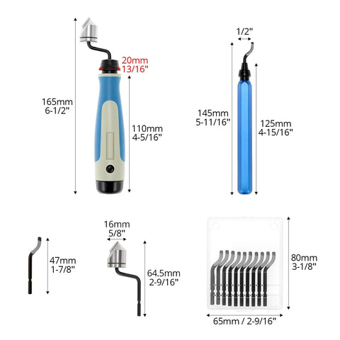 Pro Grade Hand Deburring Tool Kit With 10 Rotary Blades And Countersink Blade for Wood Plastic Aluminum Steel, size details shown