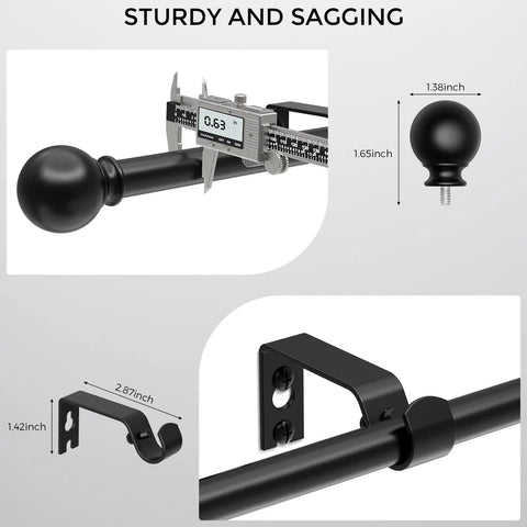 Black 5/8 Inch Curtain Rod Set For Windows 18 To 45 Inches, Short Adjustable Drapery Pole With Finials, Brackets, Connectors And Hardware