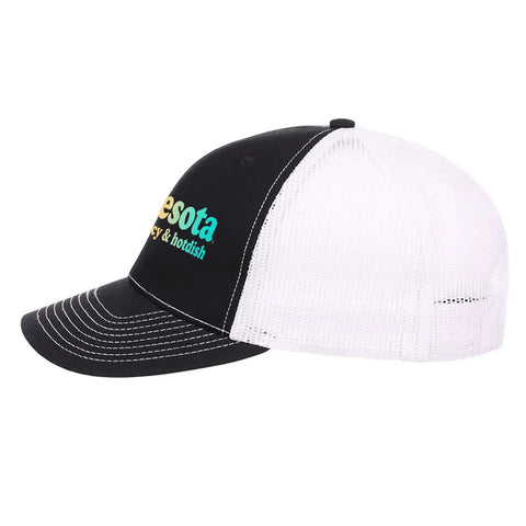 Lightweight Mens Trucker Cap With Adjustable Buckle, cool plain hat for everyday wear, side view of black and white mesh design