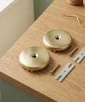 ANDRESLAD Single Hole Bathtub Overflow Drain Plate Pack of 2 with Screw, gold finish, screws and brackets included on a wooden surface.