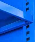 Detailed view of heavy duty rolling tool chest shelving, showcasing tough cold rolled steel frame and secure slot design.