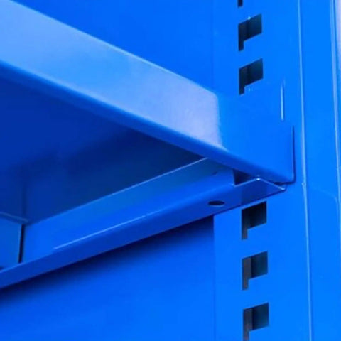 Detailed view of heavy duty rolling tool chest shelving, showcasing tough cold rolled steel frame and secure slot design.