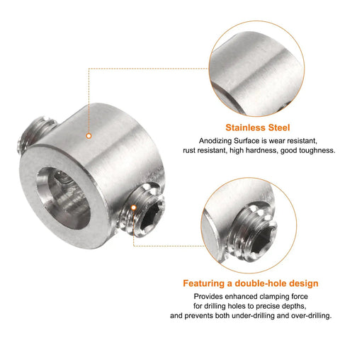 Four Piece Five Millimeter Drill Stop Collar Set With Adjustable Stainless Steel Depth Stop Rings Anodized Finish Dowel Shaft Chuck Positioner Includes Hex Wrench For Precise Drilling DIY Friendly Pro Grade Quality