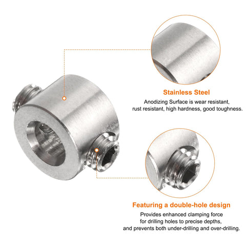 4mm Drill Stop Collar Set With Pro Grade Adjustable Depth Stops, Heavy Duty Stainless Steel Construction, Anodized Silver Finish