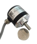 38mm Diameter Incremental Optical Rotary Encoder With 6mm Solid Shaft, 1024 PPR Resolution, ABZ Line Driver Output, 5V DC Supply shown next to coin for size comparison