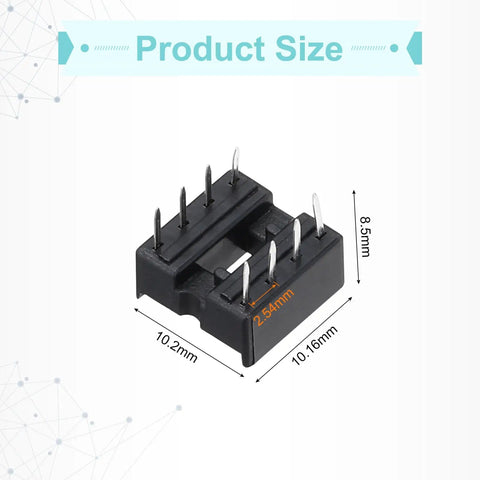25 Pc DIP IC Socket Adapter Kit for 8 Pin ICs, 2.54mm pitch, shown with dimensions; ideal for PCB and breadboard prototyping.