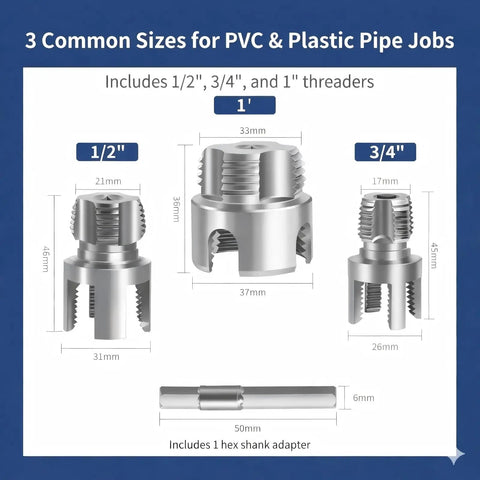 Drill Powered PVC Pipe Threader Kit One Half Three Quarters One Inch Two In One Internal And External Thread Maker sizes shown