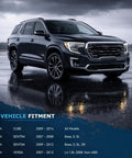Vehicle fitment details for Nissan Cube, Sentra, and Versa models with a dark SUV in the background