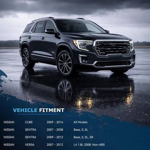Vehicle fitment details for Nissan Cube, Sentra, and Versa models with a dark SUV in the background