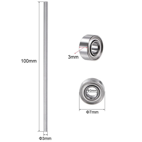 Dope Linear Motion Rods And Ball Bearings Kit with 3mm by 100mm stainless rods and 683ZZ bearings, dimensions highlighted.