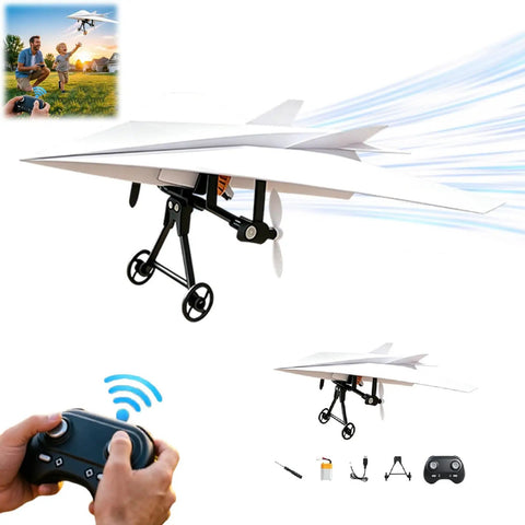 Electric Remote Control Paper Airplane Kit With Stabilizer And Dual Propellers in flight with remote control and accessories