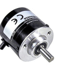 Absolute Rotary Encoder TRD-MA512N And TRD-MA512P for robotics and CNC, close-up view showing metal shaft and black casing.