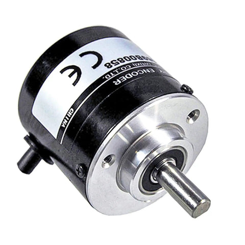 Absolute Rotary Encoder TRD-MA512N And TRD-MA512P for robotics and CNC, close-up view showing metal shaft and black casing.