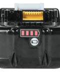 Close-up of 18V LXT Lithium-Ion Battery And Charger Starter Pack 5.0Ah showing LED level indicator and connector.