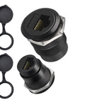 Hella Sleek Cat6 Rj45 Panel Mount Connector With Threaded Bulkhead Coupler for Lightning Fast Gigabit Ethernet Hookups and Simple Server Rack Tweaks That Drop Right Into 22mm Cutouts Every Time, two cylindrical connectors with black housing and threaded design.
