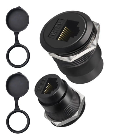 Hella Sleek Cat6 Rj45 Panel Mount Connector With Threaded Bulkhead Coupler for Lightning Fast Gigabit Ethernet Hookups and Simple Server Rack Tweaks That Drop Right Into 22mm Cutouts Every Time, two cylindrical connectors with black housing and threaded design.