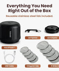 VacuFresh Electric Mason Jar Vacuum Sealer Kit with lids, opener, adaptor, and USB cable, for wide and regular mouth jars.