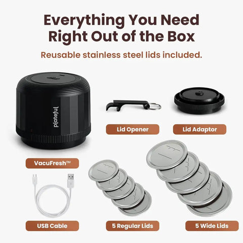VacuFresh Electric Mason Jar Vacuum Sealer Kit with lids, opener, adaptor, and USB cable, for wide and regular mouth jars.