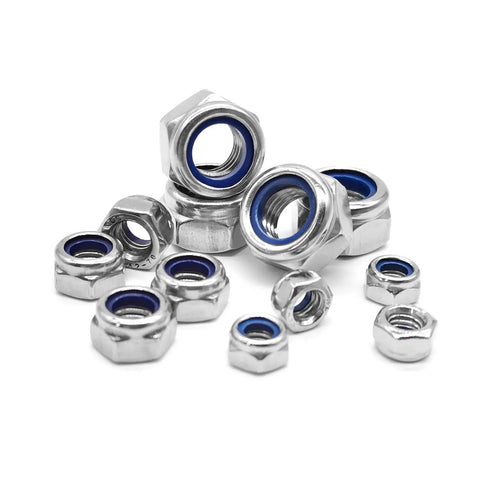 Heavy Duty 20 Pack M6 Nylon Lock Nuts Solid As A Rock 304 Stainless Steel Hex Fasteners, various sizes.