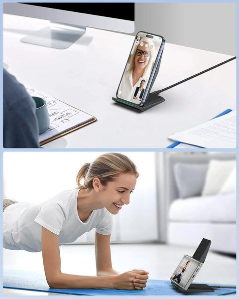 Two Coil Fast Wireless Charger Stand For iPhone 17 17 Air 16 15 15 Pro 15 Plus 14 13 And Galaxy S22 S23 S24 S25 S26 Nightstand Dock in use