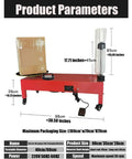 Heavy Duty Electric Pallet Wrapping Machine With Adjustable Turntable, dimensions visible with packaged box on base.